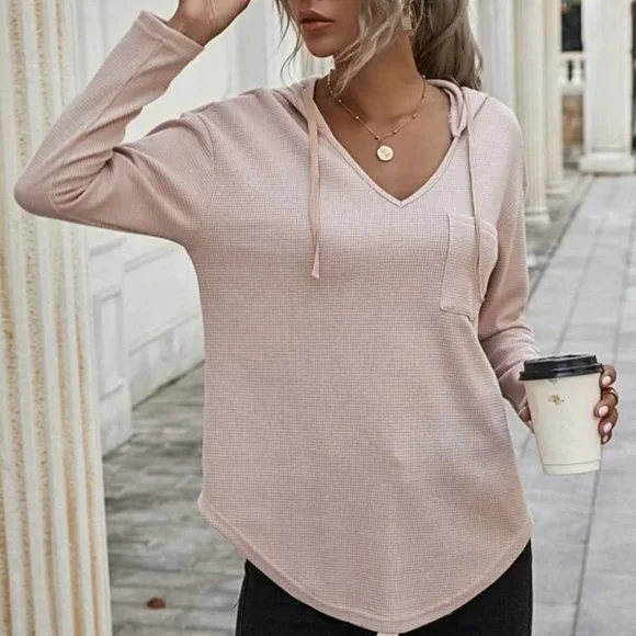 Comfy Curved Hem  Drop Shoulder Drawstring Hoodie Top light apricot blush - Picture 4 of 8